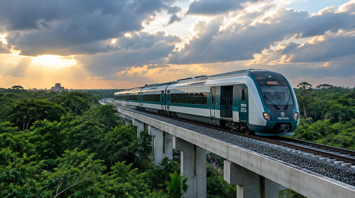 Tren Maya avanzando por la selva de la península de Yucatán